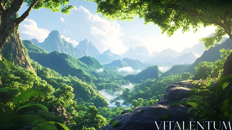 Verdant Mountain Valley with Cascading Rivers and Dramatic Peak Formation.