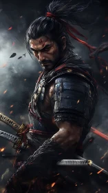 Scarred samurai warrior stands defiant in swirling embers