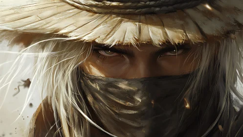 Storm-eyed wanderer in tattered straw hat stares ahead.