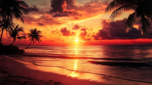 Tropical beach sunset with vivid red sky and palm trees.
