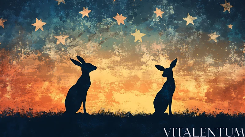 Silhouetted rabbits sit under textured starry dusk sky