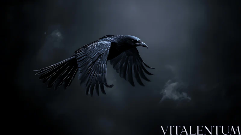 A Raven Soars Through Stormy Skies with Powerful Wings Spread