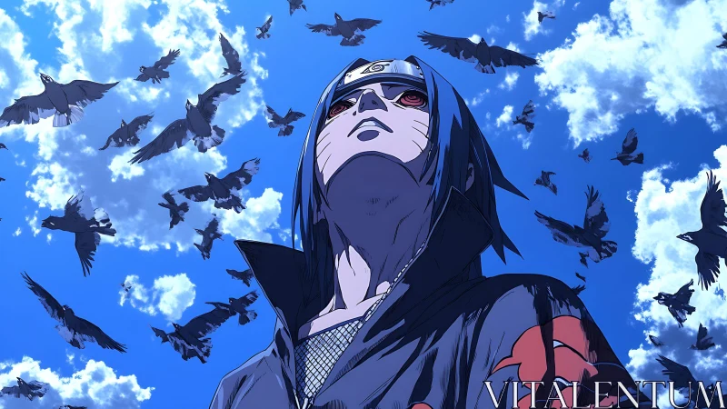 Storm of black crows swirls around a calm anime warrior