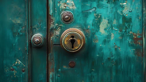 Weathered teal metal door with corroded brass lock cylinder detail