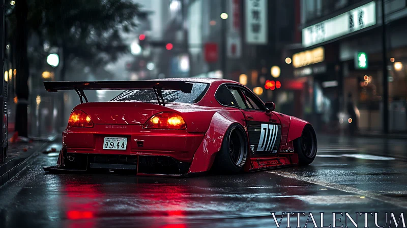Widebody red drift car waits on wet neon Tokyo street