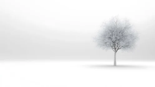 Solitary frosted tree stands in seamless white winter void