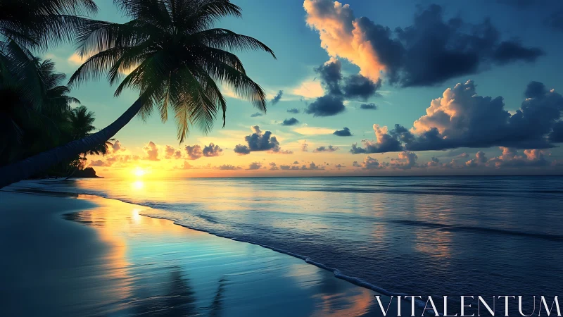 Golden tropical sunset glows over calm reflective shoreline