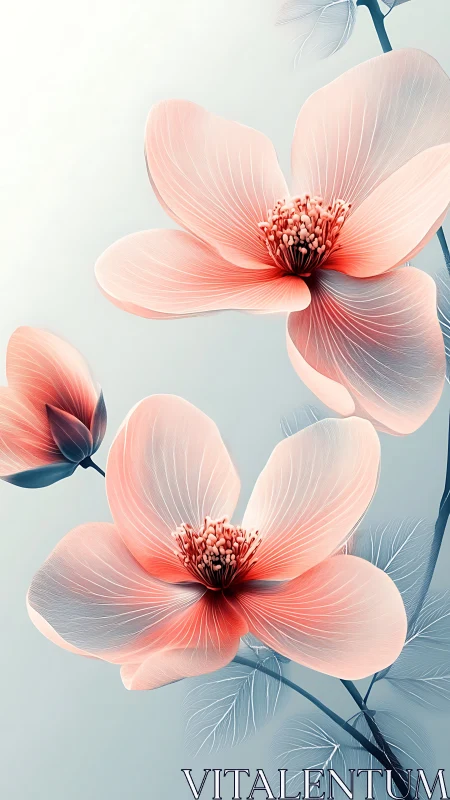 Botanical Digital Illustration of Pink Flowering Stems Against Neutral Background