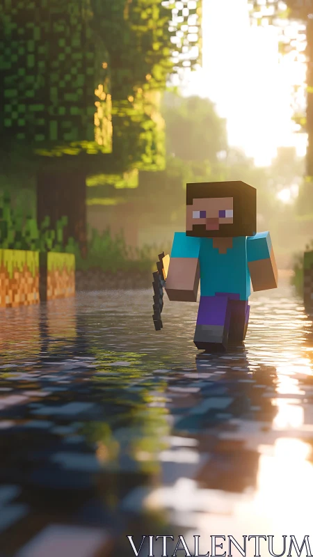 Sunlit blocky adventurer strolls through a calm pixel river