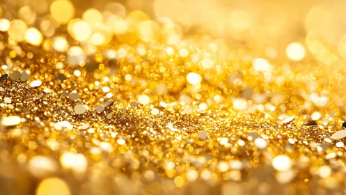 Macro view of golden glitter particles with soft bokeh effect.