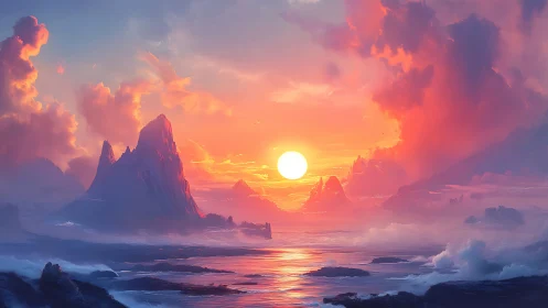 Radiant fantasy sunrise ignites misty ocean peaks in gold