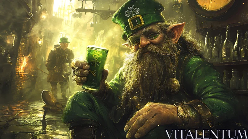 Leprechaun barkeep renders high-detail green ale in warm tavern
