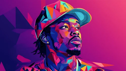 Geometric portrait of man in cap glows with neon gradients