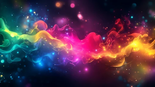 Vibrant neon light waves swirl through cosmic darkness.