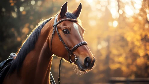 Golden hour bay horse poised in thoughtful autumn light.