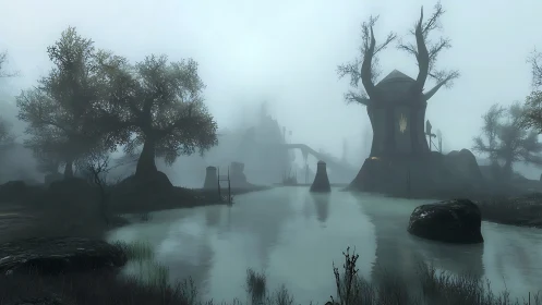 Misty swamp village emerges through eerie blue-grey fog