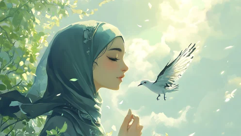 Side profile of veiled woman with bird against sky background.