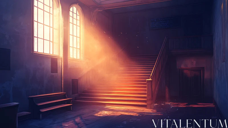 Sunlight defines an interior wooden staircase in large hall