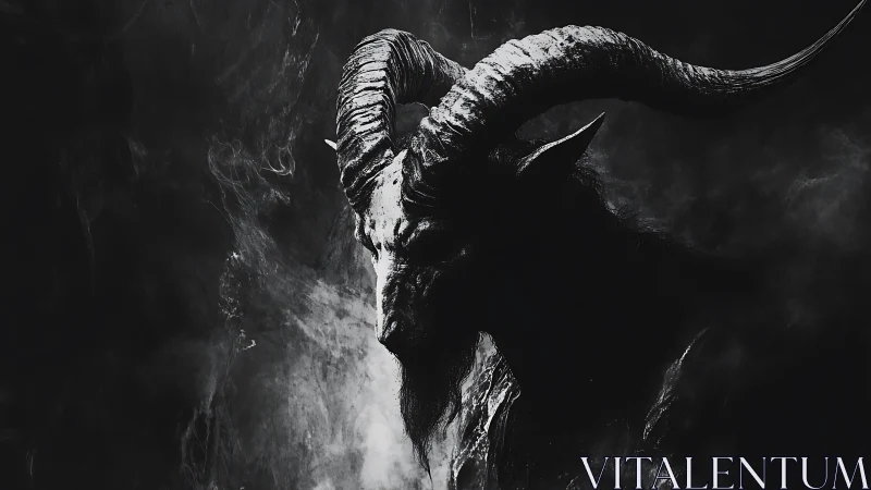 Midnight horned titan emerging from smoke and shadowed dread.