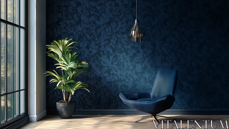 Parametric lounge corner with blue accent wall and laminar light.