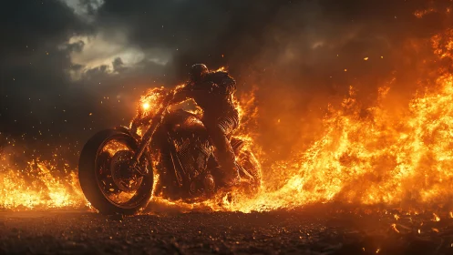 Cinematic photoreal rider on flaming highway motorcycle shot.