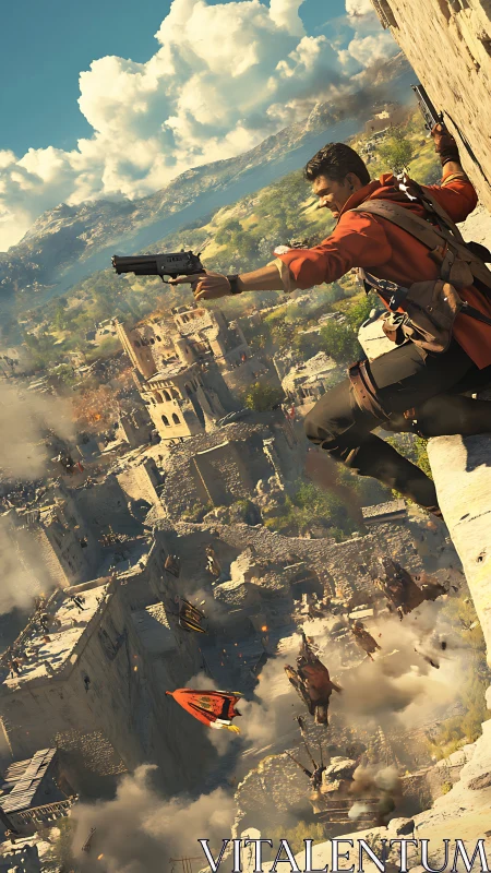 Cliffside gunman overlooking war-torn medieval canyon fortress