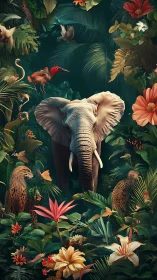 Elephant and predators framed by lush tropical florals.