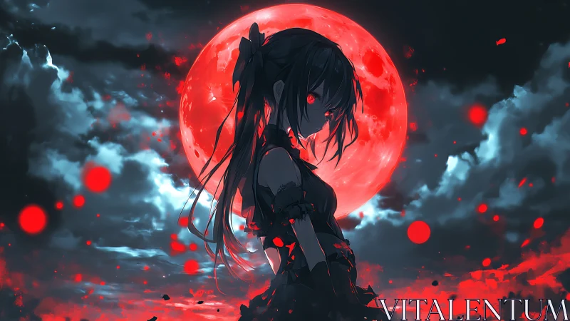 Mysterious moonlit girl bathed in glowing crimson night.
