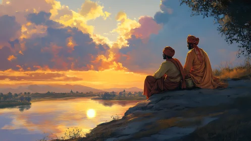 Sunset-lit riverside observers studying reflective cloud dynamics