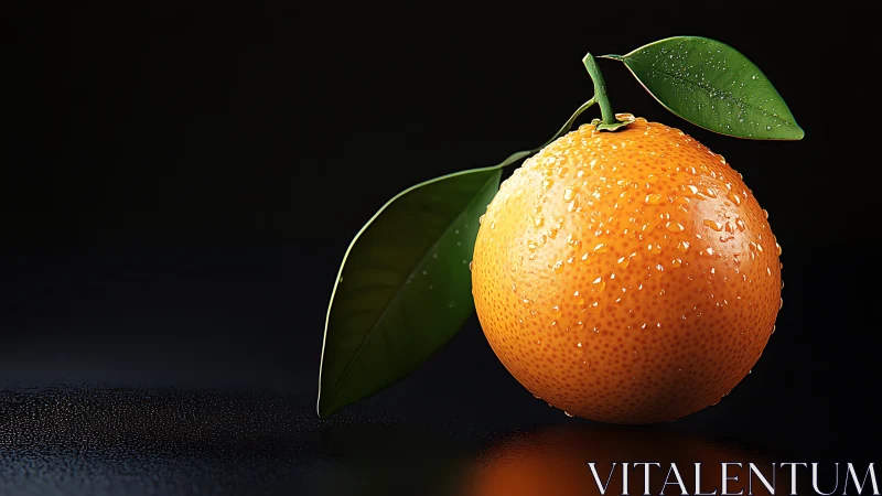 Sunlit orange glowing with fresh dewdrops and green leaves.