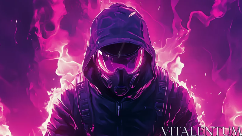 Hooded figure in gas mask amid neon pink flames.