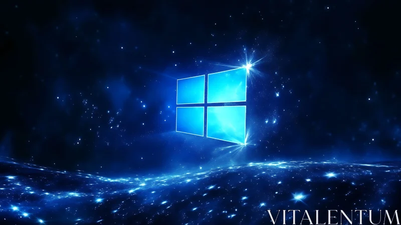 Windows style glowing logo floats above starry blue field