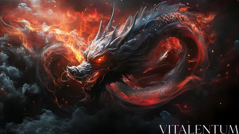 Fiery celestial dragon coils through storm-lit infernal clouds