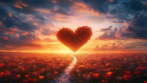 Heart-Shaped Cloud Formation Over Sunset Landscape.