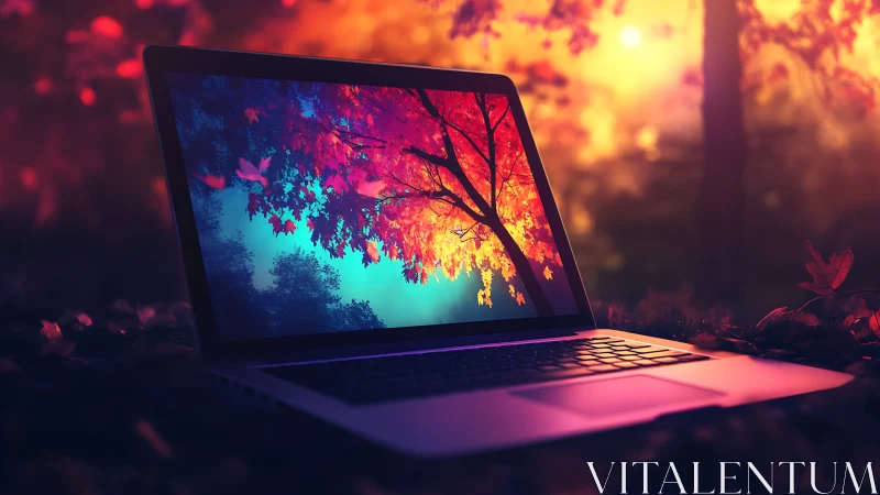 Backlit laptop framing vivid autumn foliage at sunset.