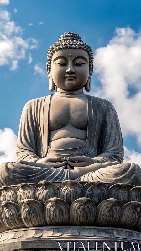 Serene stone Buddha statue under clear blue sky.