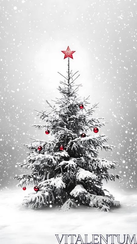 Snowy Christmas tree glowing softly with bright red accents.