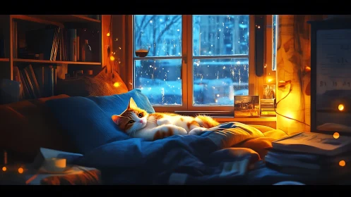 Orange tabby lounges amid amber glow—feline twilight moment.