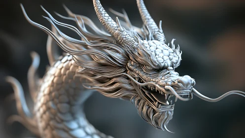 Silver dragon head rendered with detailed scales and whiskers