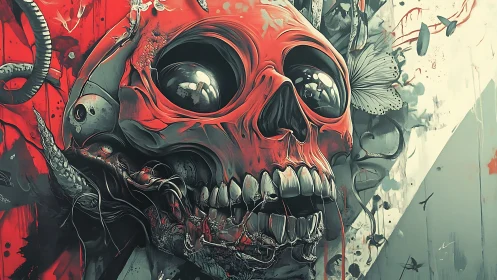 Mutated crimson skull amid surreal insect swarms.
