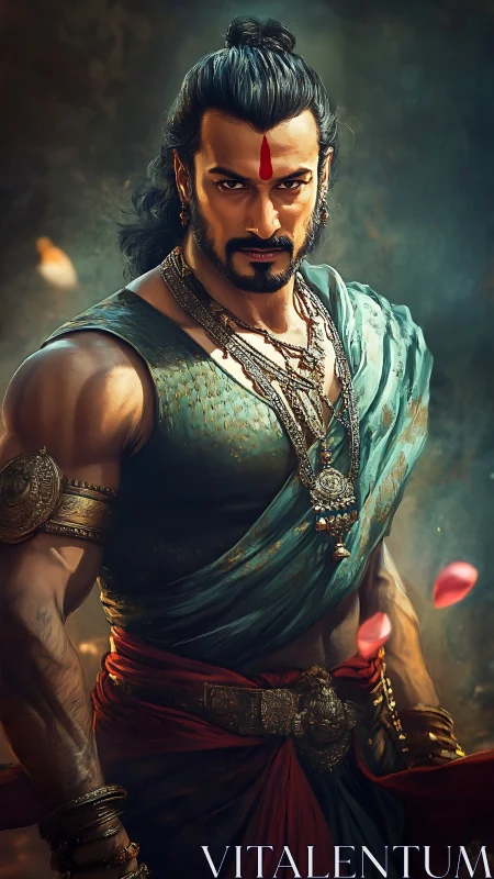 Warrior of crimson resolve in swirling sacred light.