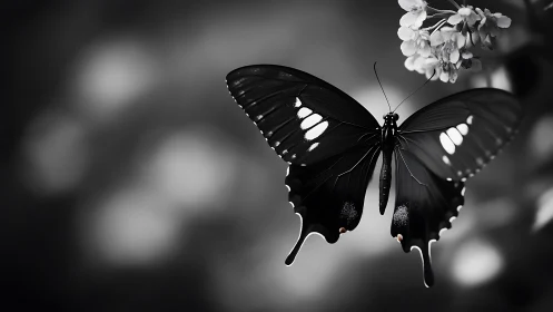Monochrome butterfly spreads wings on soft blurred blooms.
