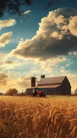 Golden wheat fields glow gently around a quiet country barn