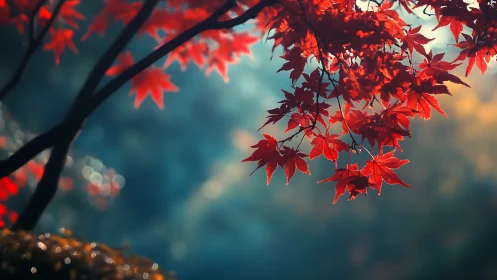 Scarlet maple leaves glow against a soft teal autumn haze