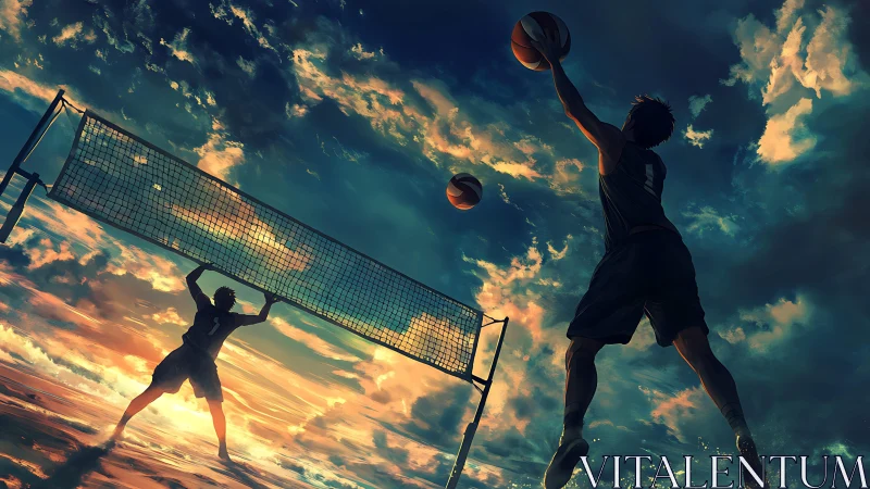 Sunset sky volleyball duel with soaring silhouettes in motion.
