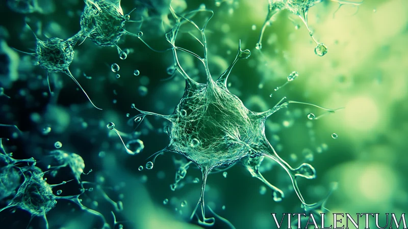 Shimmering microscopic cells float in a glowing green world