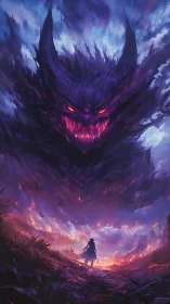 Lone warrior confronts colossal infernal wraith in blazing sky