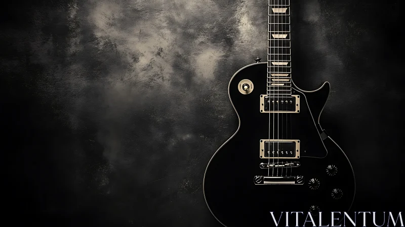 Photorealistic black electric guitar on moody textured backdrop.