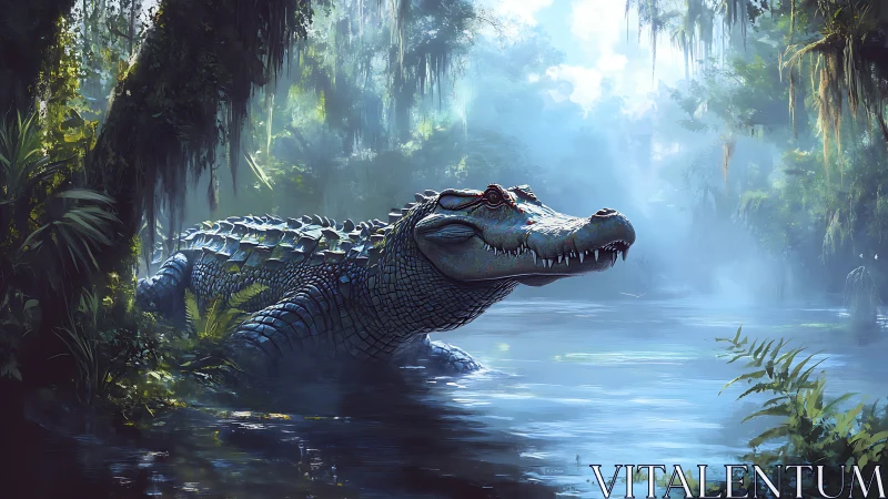 Bioluminescent crocodilian emerging through volumetric swamp light.