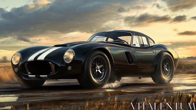 Black classic sports coupe on wet rural road at dusk.